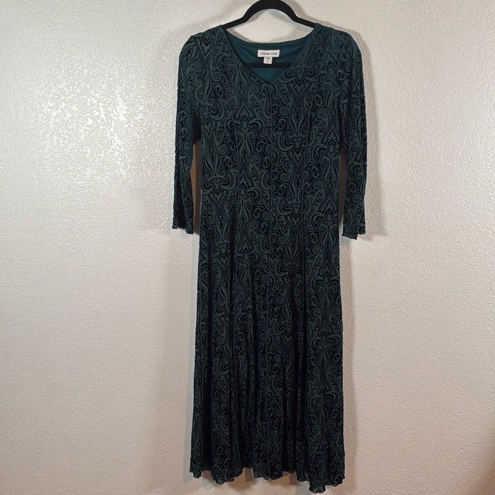 Coldwater Creek Teal Damask Burn Out Velvet MIDI Dress Size Small (8)